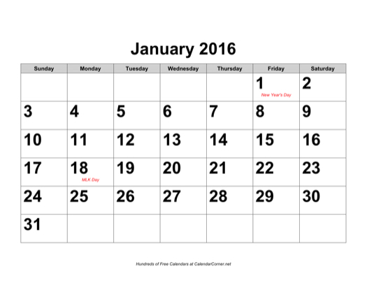 Free 2016 Large Number Calendar With Holidays Landscape
