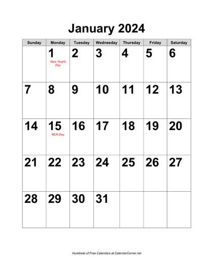 Free 2024 Large-Number Calendar with Holidays