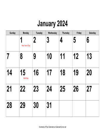 Free 2024 Large-Number Calendar, Landscape with Holidays