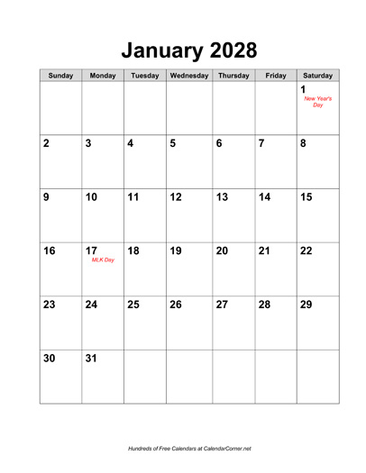 Free 2028 Calendar With Holidays