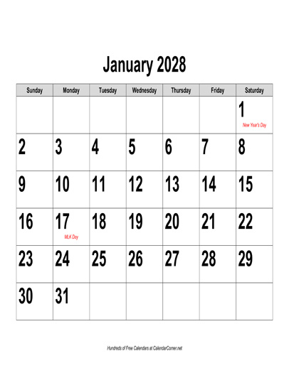 Free 2028 Large Number Calendar Landscape With Holidays
