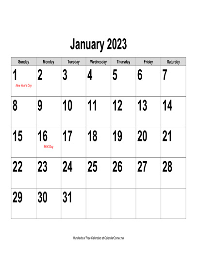 Free 2023 Large-Number Calendar, Landscape with Holidays