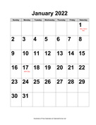 2022 Large-Number Calendar with Holidays