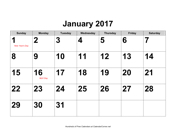 2017 Large-Number Calendar with Holidays, Landscape